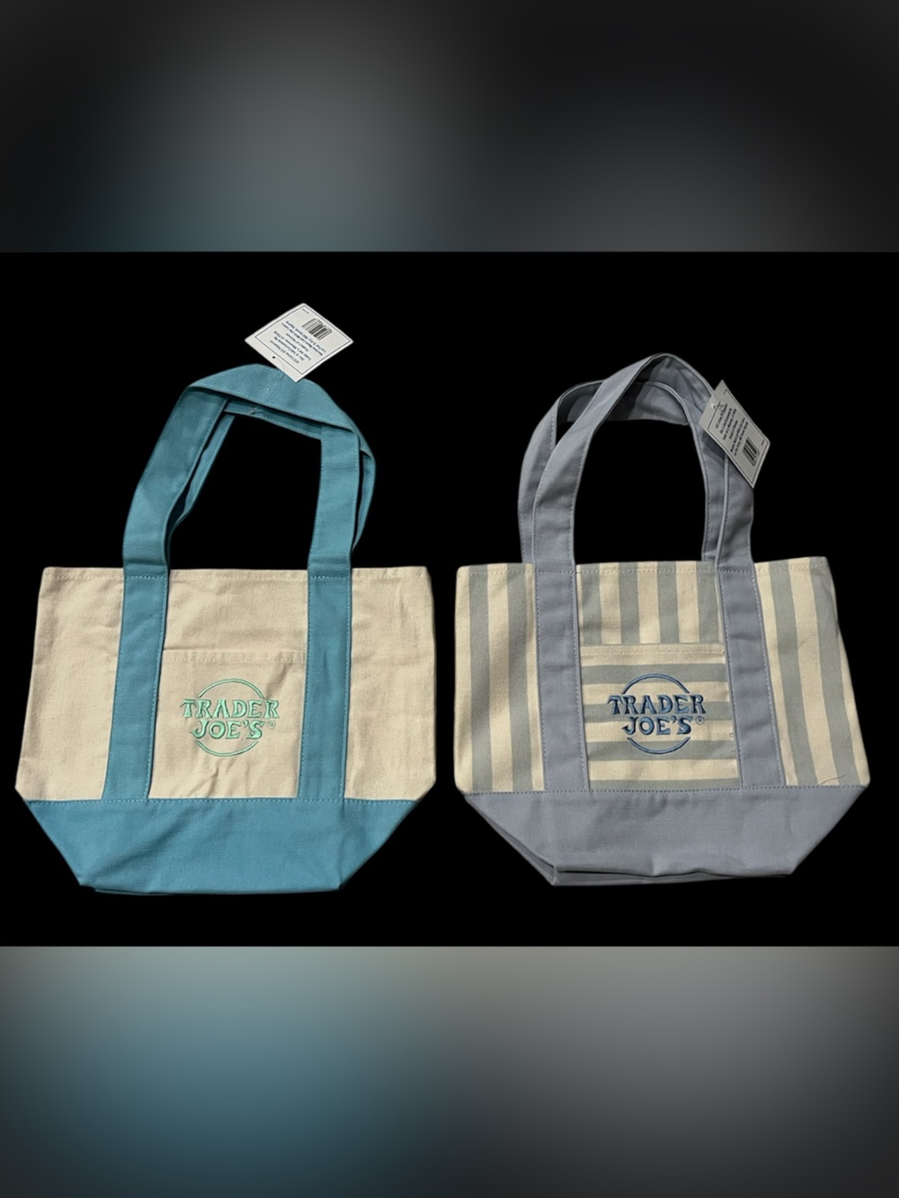 Set of 2 Bags - Trader Joe’s Blue Striped  & Blue and Beige Canvas Tote Bags